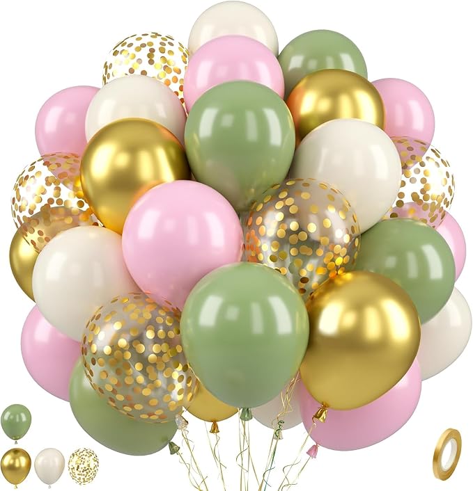 Paready Pink and Green Balloons, 12 Inch Metallic Gold Confetti Avocado Green by Paready