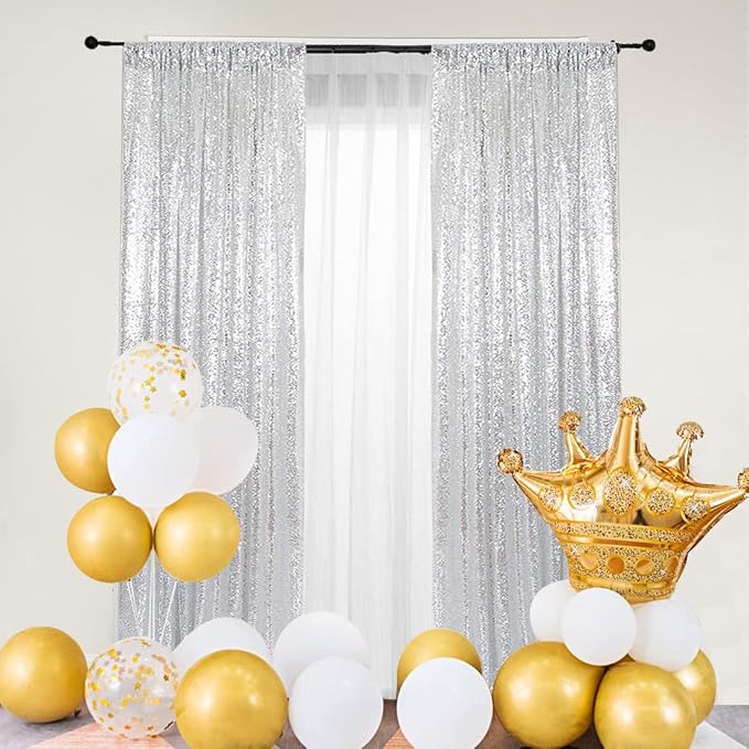 PartyDelight Silver Sequin Backdrop Curtains 2x8ft 2 Panels | Sparkly 3mm - Image 7