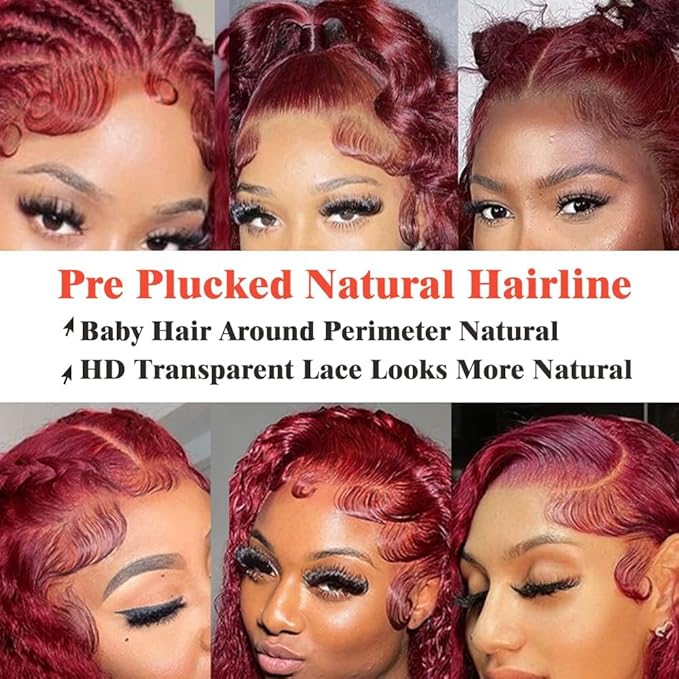 32 Inch 99J Burgundy Lace Front Wigs Human Hair Red Burgundy Wig 200% Density 13x6 Deep Wave Lace Front Wigs Human Hair Pre Plucked Glueless Lace Frontal Wigs for Women