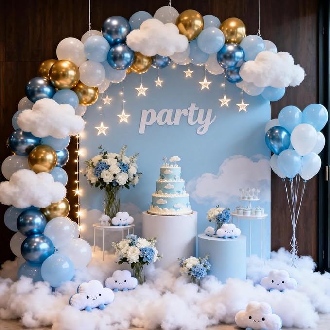 Blue and Gold Balloons, 12 Inch Pastel Baby Blue Metallic Blue Metallic Gold - Image 3