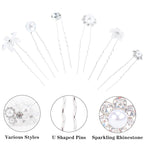 CUBACO 42 PCS Flower Wedding Hair Pins for Women Bridal Crystal Hair Jewelry Bobby Pins Rhinestone Pearl Hair Accessories Silver U Shaped Hair Pins Decorative for Brides Bridesmaids Girls