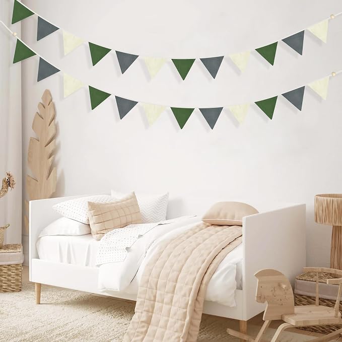 2 Sets of Green Grey Beige Nursery Garland 24Pcs Woodland Fabric Linen Pennant - Image 5