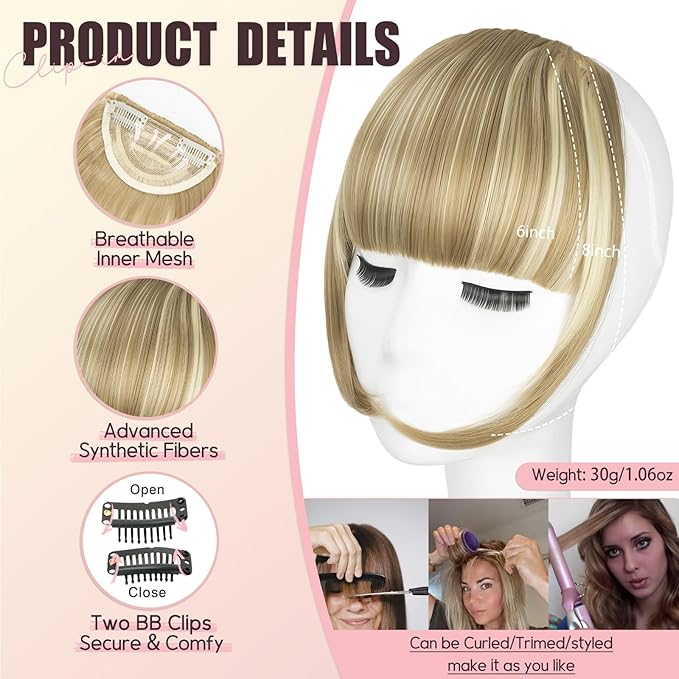 Clip in Bangs, Synthetic French Bangs Hair Clip, Light Blonde Mix Bleach Blonde Fake Bangs Fringe with Temples Hairpieces for Women Natural Curved Hair Extensions for Daily Wear