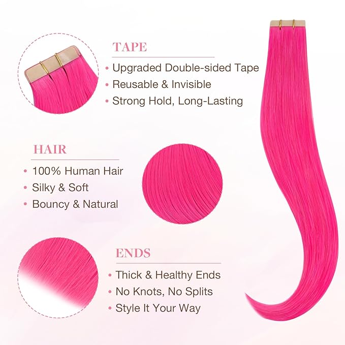 GOO GOO Tape in Hair Extensions Human Hair, Pink, 16inch 25g 10pcs, Colored Tape ins Human Hair Extensions, Silky&Soft Invisible Tape Ins, Hair Highlighted for Party