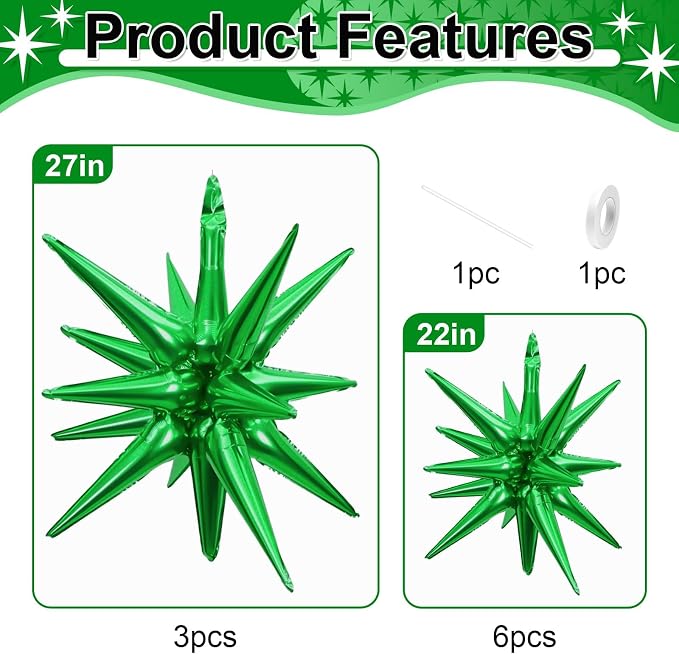 9Pcs Green Star Balloons, Large Explosion Star Foil Balloons, Metallic Green - Image 2