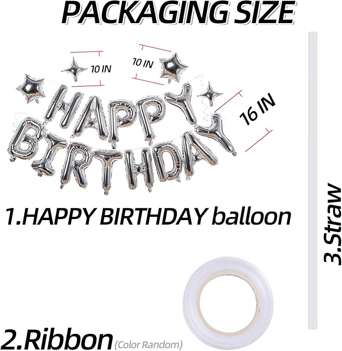 Silver Happy Birthday Banner Balloon Aluminum Foil 16 Inch Letter, 10 Inch Five - Image 3