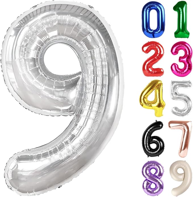 9 Balloon - Silver Birthday Number Balloons, 40 Inch Decorations Men Women | by ALPHADELTAPI