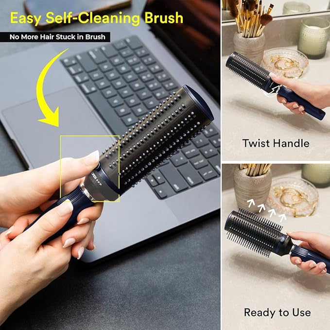 Detangler Brush for Women - Curly Hair Blow Dryer Round Brush for Blow Out - Self Cleaning Roller Retractable Travel Hairbrush - Navy Blue Christmas Gifts