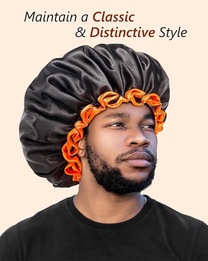 mikimini Large Shower Cap for Women Long Hair, Black, Reusable Waterproof Double Layers XL Washable Colorfast Odorless High-Quality Shower Cap for Men with Vibrant Orange Edge