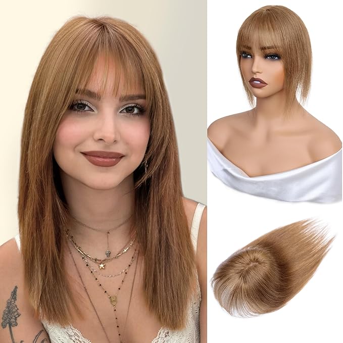 Hair Toppers for Women Clip in Bangs Real Human Hair,30g Light Brown Topper for Women 150% Density Silk Base Clip in Pieces Straight Hair for Thin Hair