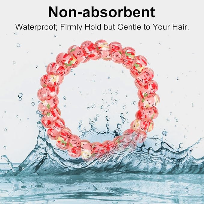 JessLab Spiral Hair Ties for Ladies, 10-Pack Elastic Cute Plastic Coil Bands, No-Damage Accessory for Women and Children with Thick or Thinning Hair, Silkscreen Floral Print