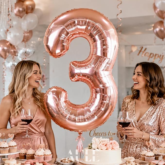 AULE 40 Inch Rose Gold 3 Balloon Number Foil 0-9 Birthday Big Numbers | - Image 2