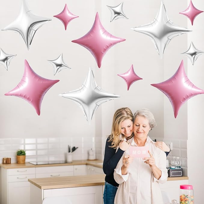 TONIFUL 30 Pcs Four Pointed Star Balloon 26In&10In Pink Silver Foil Balloon | - Image 5
