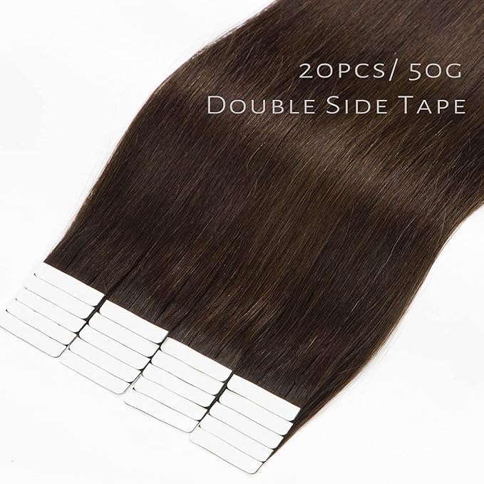 Lacer Real Human Hair Tape in Extensions Black 20 Inch Double Sided Skin Weft Hair Extensions Tape in 20Pcs 50 Gram Color 2A Dark Bown