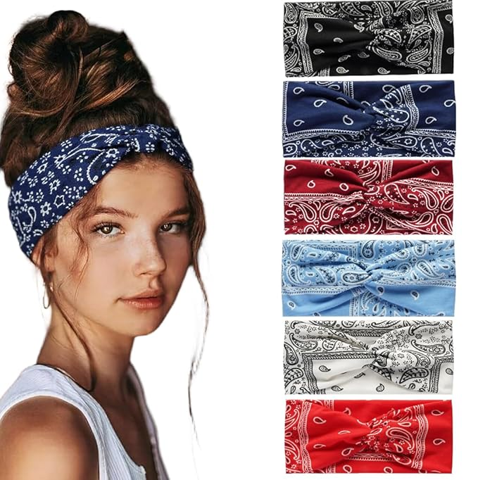 6 Pack Headbands for Women - Short Hair Bandana Headbands, Non Slip Elastic Sweat Hairbands, Soft Fabric Hair Wraps for Girls - Suitable for Workout, Yoga, Running & Sport (E-6)