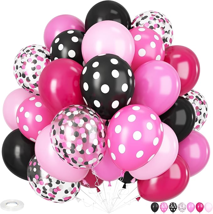 Pink and Black Balloons, 12 Inch Hot Pink Black Balloons Pink White Dots Black by Adorely