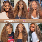 CYNOSURE Honey Blonde Ombre Lace Front Wig Human Hair 13x5 Highlight Deep Wave Curly Wig 4/27 Colored HD Transparent Lace Front Wigs Pre Plucked with Baby Hair 180% Density 24 Inch