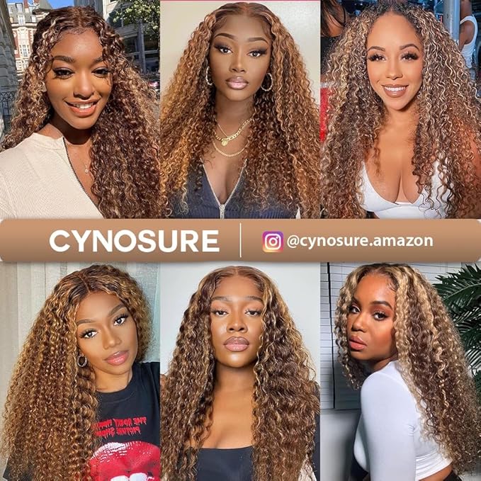 CYNOSURE 13x5 Highlight Ombre Deep Wave Curly Lace Front Wigs Human Hair 26Inch Honey Blonde Deep Curly Wig HD Transparent Lace Frontal Wigs Pre Plucked 180 Density Human Hair for Women