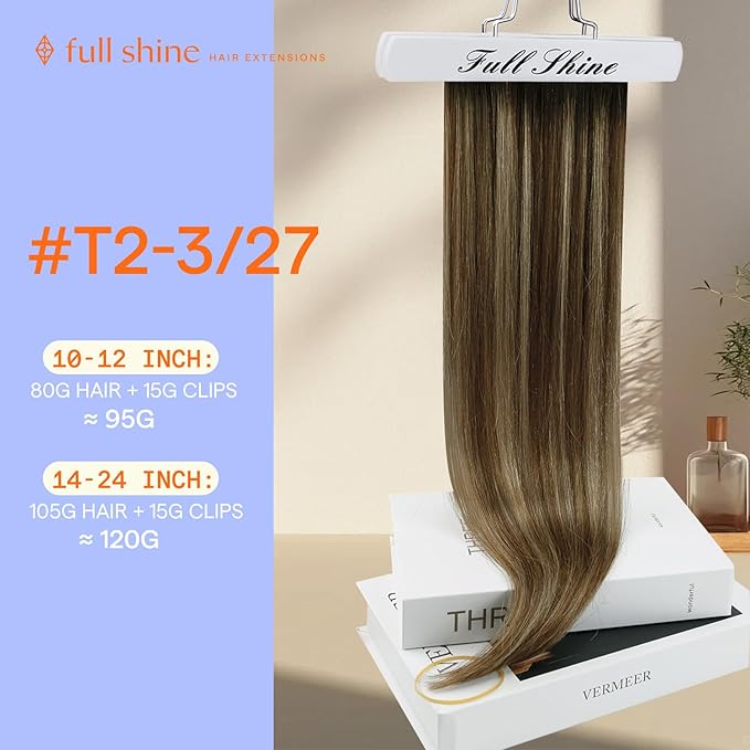 Full Shine Clip in Hair Extensions Human Hair Brown Balayage 16 Inch Real Hair Extensions Clip ins 120 Grams Dark Brown to Brown Mix Honey Blonde Seamless Human Hair 7 Pcs