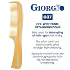 Giorgio G37 Large Coarse Detangler Comb, Wide Teeth for Thick, Curly, or Wavy Hair – For Wet and Dry Use, Handmade Rake Saw-Cut from Polished Cellulose Imitation Horn