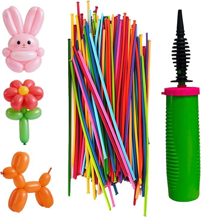 Balloon Pump Hand Held with 100pcs 260 Rainbow Balloons – Two Way Dual Action by Doilomand