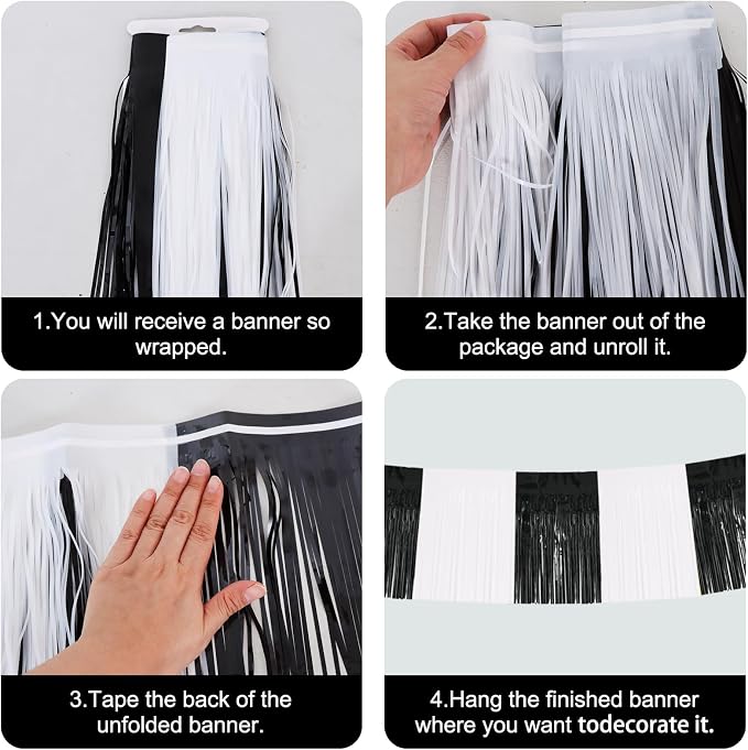 BEISHIDA Black White Fringe Garland Banner 30ft Wall Tinsel Foil Streamers | - Image 3