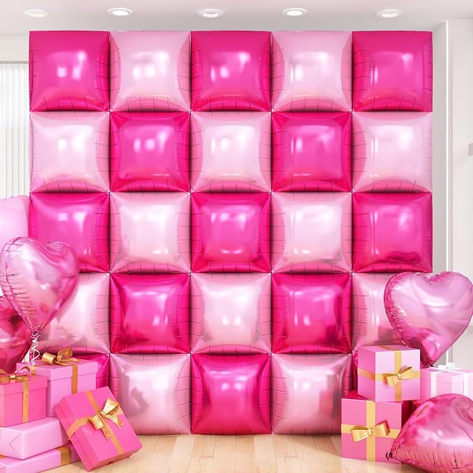 Hot Pink Square Foil Balloon Wall by Adorely