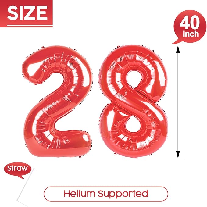 28 Balloon - Red Birthday Number Balloons, 40 Inch Decorations Men Women | Red - Image 5