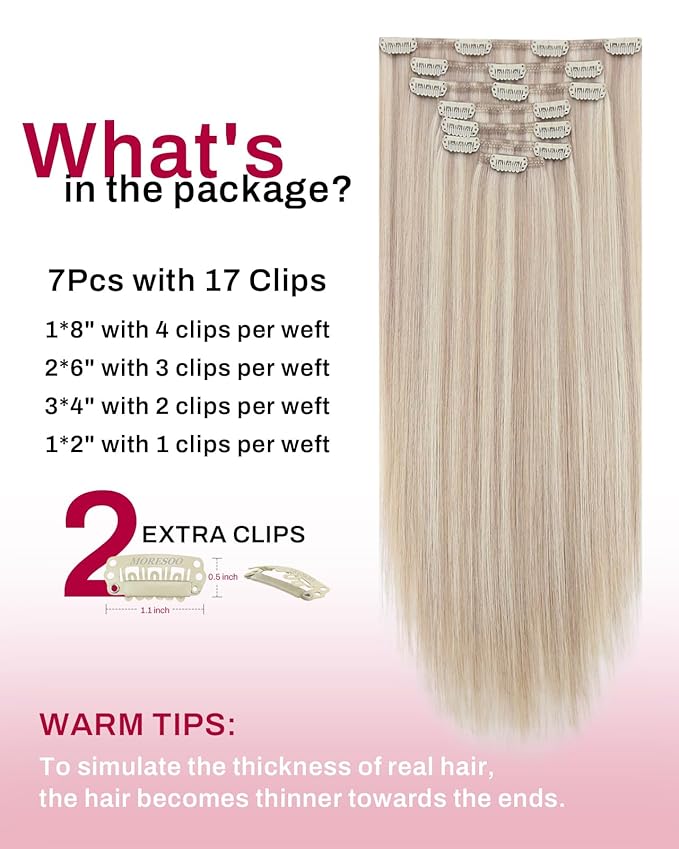 Moresoo Clip in Hair Extensions Blonde Highlights Ash Blonde with Bleach Blond Human Hair Clip in Extensions Straight Double Weft 120g/7pcs 20 inch