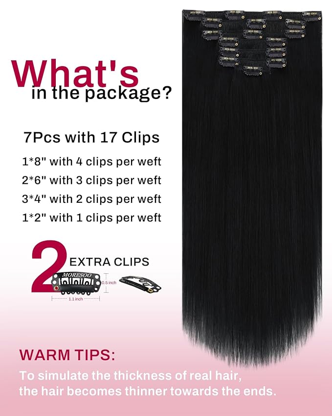 Moresoo Jet Black Clip in Hair Extensions Human Hair 20 inch Remy Straight Double Weft Clip in Human Hair Extensions for Women Jet Black #1 Full Head 7Pcs 120G