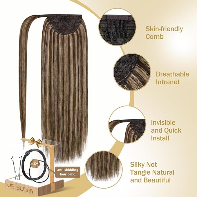 Ve Sunny Hair Extensions Ponytail Real Human Hair Wrap Around Clip in Ponytail Hair Extensions Straight Extensions Human Hair for Women Medium Brown Highlighted Caramel Blonde 22inch 80G 80G