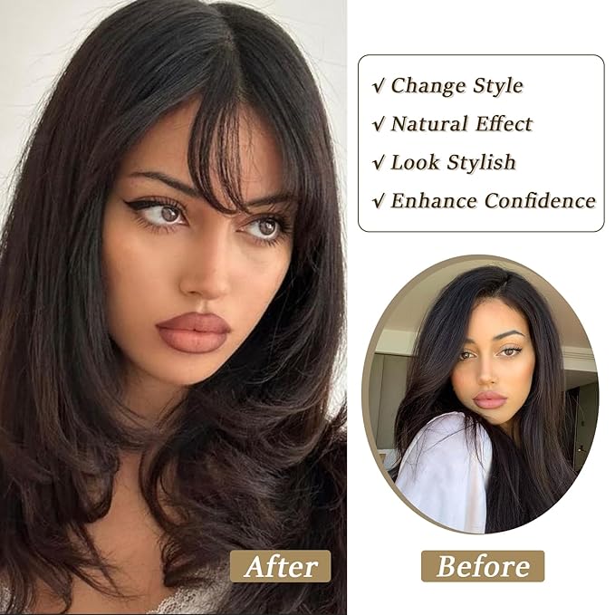Clip in Bangs Real Human Hair Brown Black Wispy Bangs Fake Bangs with Fringe Clip on Bangs Curved Bangs Hairpieces for Women Daily Wear