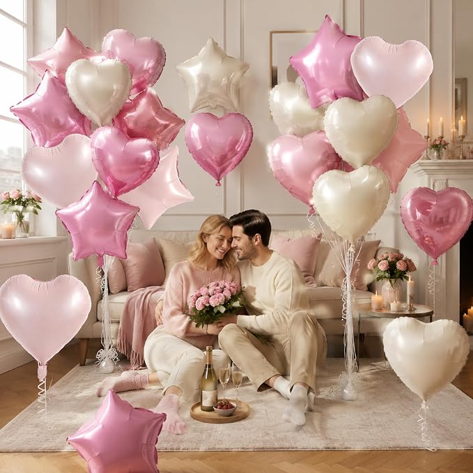 TONIFUL 18 Inch Cream Pink Star and Heart Foil Balloons - Image 5