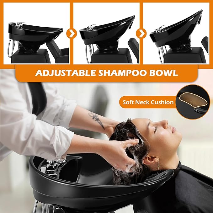 Salon Shampoo Bowl and Chair Set, Shampoo Barber Backwash Chair, Adjustable Splash-Proof Ceramic Bowl Hair Washing Station for Spa Beauty Salon