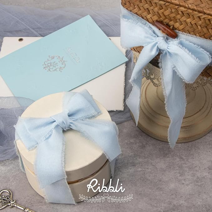 Ribbli 3 Rolls Light Blue Ribbon 1.5 Inch x 18Yards Handmade Cotton Frayed - Image 3