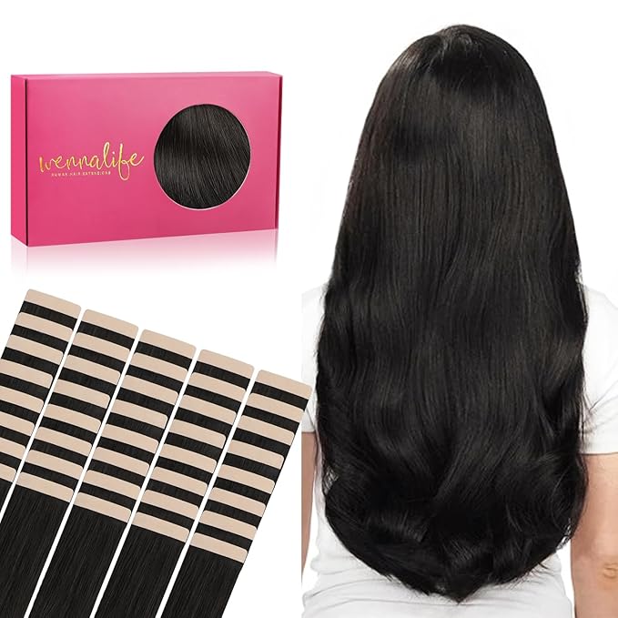 Wennalife Tape in Hair Extensions Human Hair, 40pcs 60g 10 inch Natural Black Real Straight Invisible Reusable