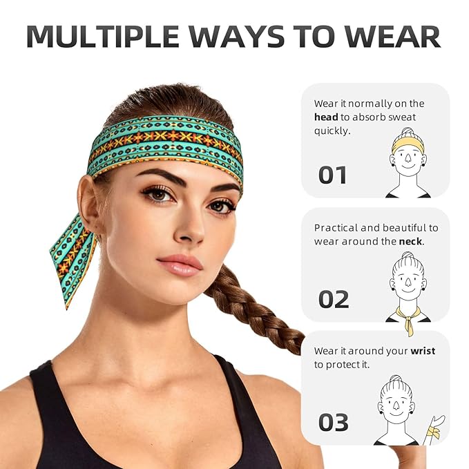 Boys Girls Sports Sweatbands, Boho Style Long Hair Band for Running Travel Spa, Lovely Ethnic Aztec Turquoise Geometric Indiana Western Southwest Pattern Headdress Hair Decor