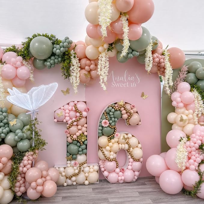 Pink and Green Balloons, 12 Inch Sage Green Pink Sand White Balloons - Image 4
