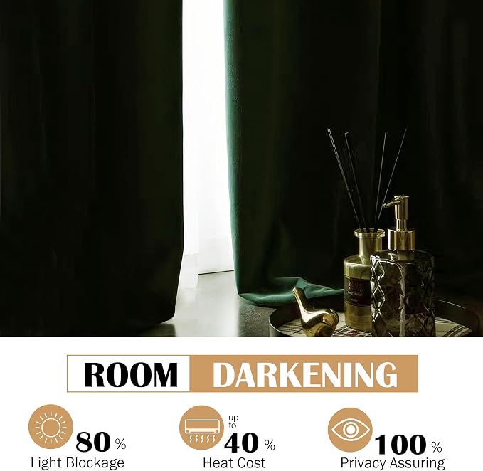 Beauoop Velvet Curtains for Bedroom Living Room Dark Green 52x108 2 Panels | - Image 4