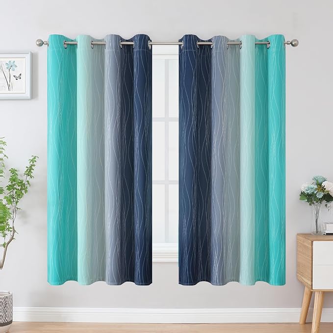 Navy Blue and Teal Blackout Curtains 63 Inch Length 2 Panels Set, Full Room - Image 2