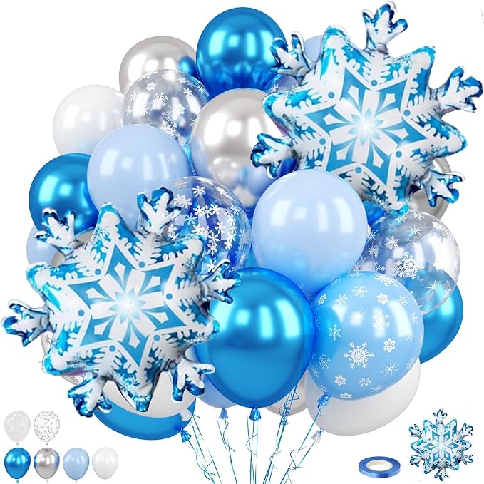 Snowflake Balloons, 12 Inch Metallic Blue Silver White Snowflake Print Confetti by FunHot