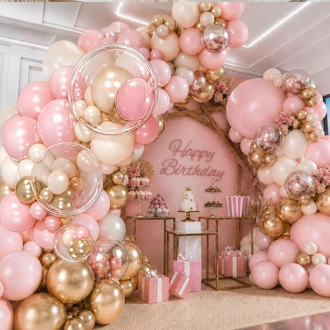 Dusty Pink Balloon Garland Arch Kit, Double Stuffed Pearl Pink White Gold - Image 4
