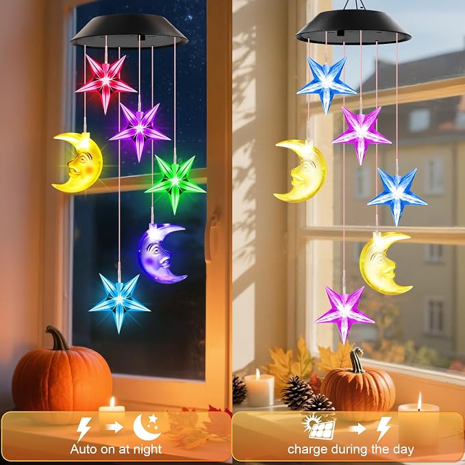Winzwon Solar Lights Outdoor Moon Star Wind Chimes - Image 5