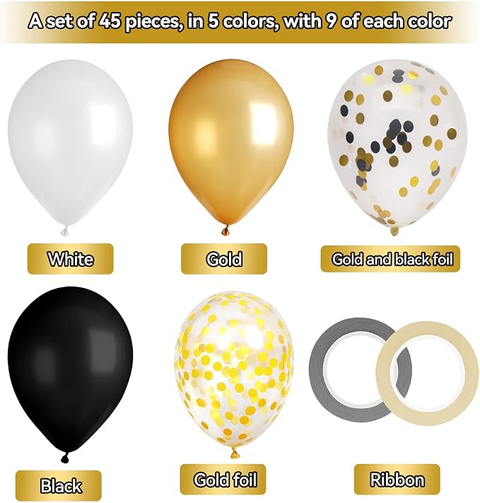 Graduation Latex Balloons with Ribbons, 45 Pack in Black Gold White Golden and - Image 2