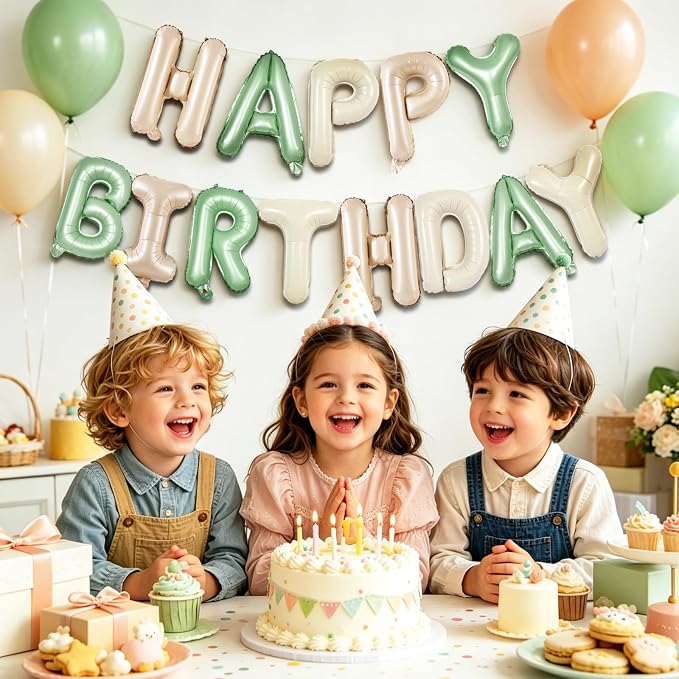 TONIFUL 16 Inch Apricot Sage Green Cream White Happy Birthday Foil Balloons | - Image 4
