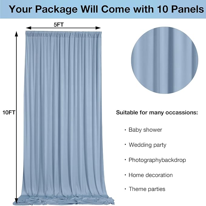50ftx10ft Wrinkle Free Dusty Blue Backdrop Curtains - Image 3