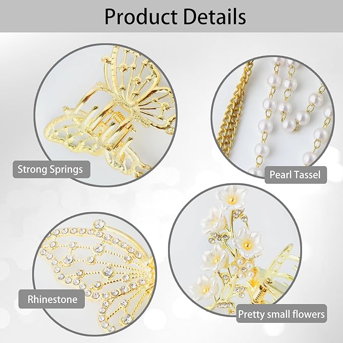 3PCS Butterfly Hair Claw Clip With Pearl and Rhinestone Tassel, Metal Small Hair Clips, Cute Hair Styling Accessories for Women and Girls, Gold