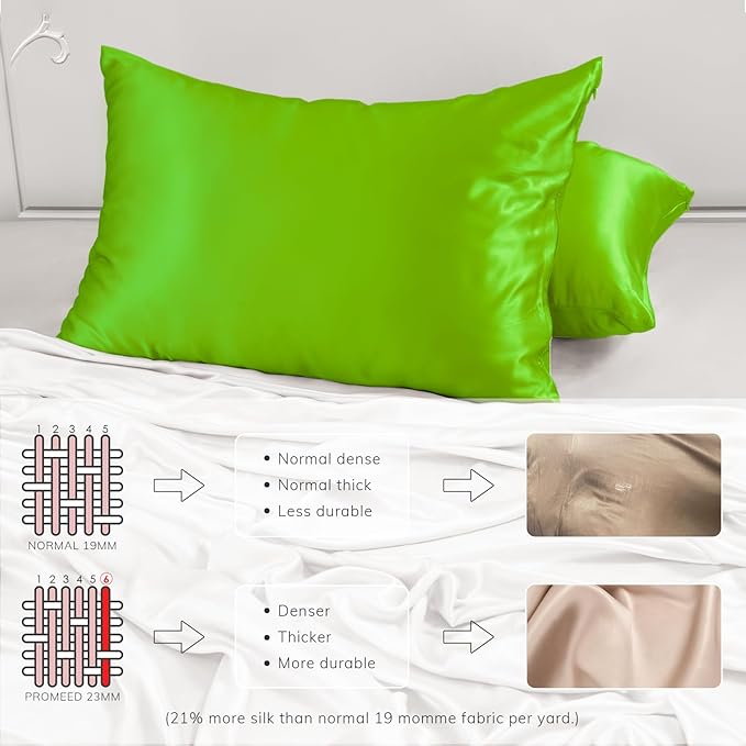 PROMEED 23 Momme Silk Pillowcase 2 Pack with Zipper, 3rd Gen Grade 6A+ 100% Mulberry Silk Pillow Case Set of 2,Silk Cooling Pillow Cases for Hot Sleepers (King 20"x36", Green)