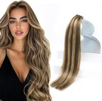 Sunny Hair Tape in Hair Extensions Real Human Hair Invisible Remy Hair Extensions Tape ins for Women Dark Brown Highlight Caramel Blonde 18 inch 20Pcs 50G