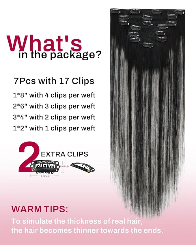 Moresoo Clip in Hair Extensions Black Ombre Grey Remy Double Weft Hair Extensions Clip ins Real Human Hair Balayage Black and Silver for Long Straight 7Pieces 120Grams 24inch